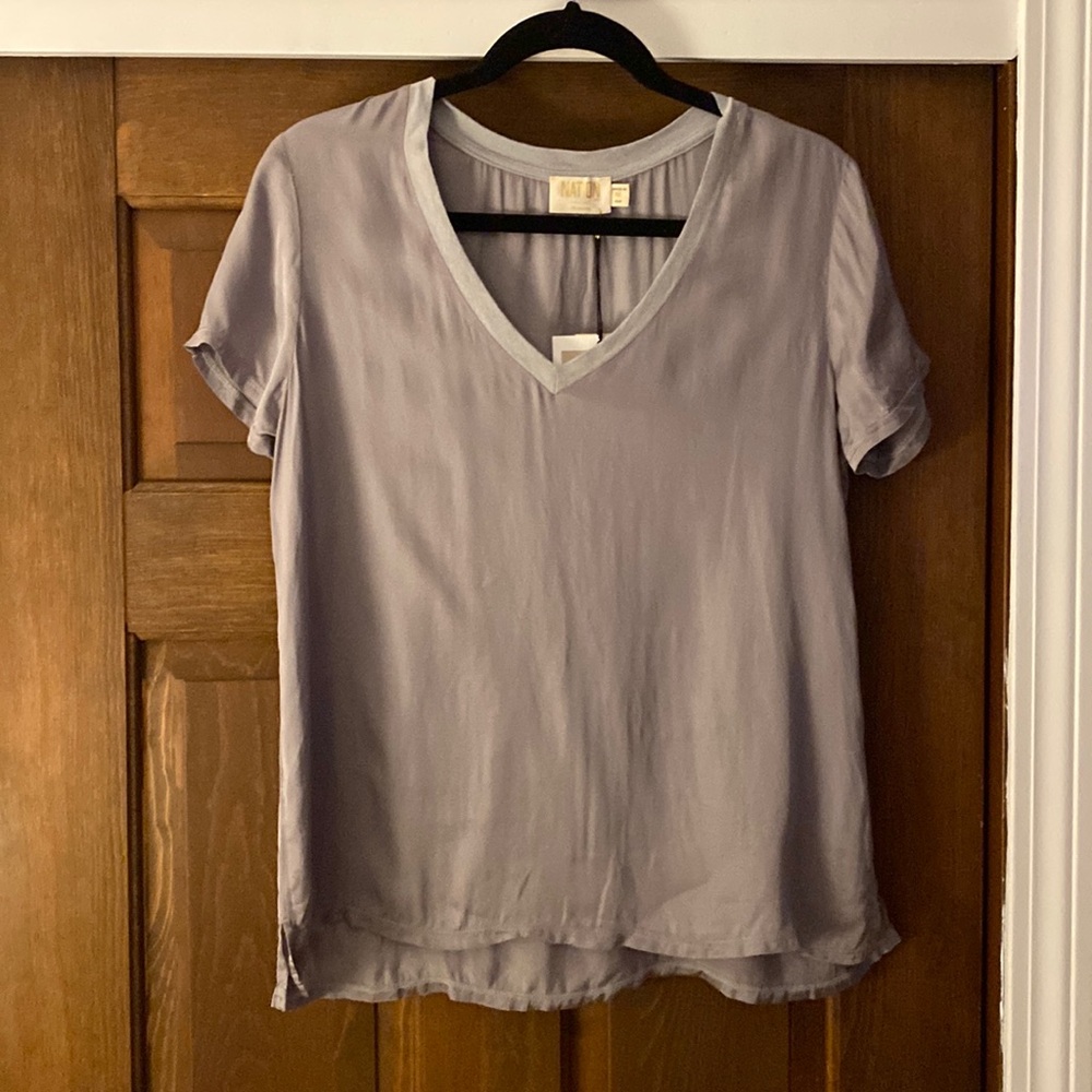 NWT Nation Ltd June silver sateen v neck short sleeve top medium